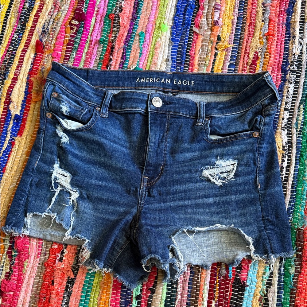 American Eagle Outfitters Dark Blue Distressed Jean Shorts size 12